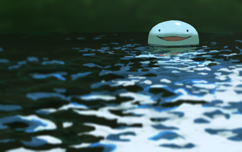 black_eyes gen_2_pokemon highres looking_at_viewer no_humans one-hour_drawing_challenge open_mouth outdoors pokemon pokemon_(creature) quagsire rend smile solid_circle_eyes solo tongue water