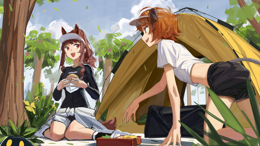 2girls alternate_costume alternate_hairstyle angelina_(arknights) animal_ears arknights brown_hair burger camping cow_girl cow_horns cow_tail croissant_(arknights) eating food forest fox_ears fox_girl hat highres horns multiple_girls nature obentou orange_hair tail tent zhili_xingzou