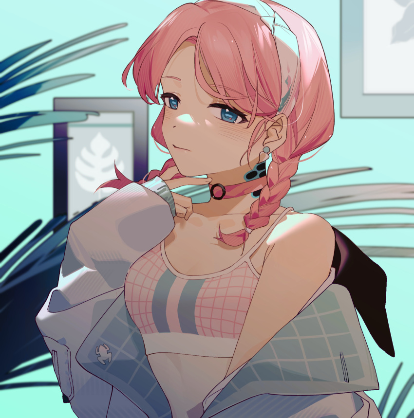 1girl arknights bangs bare_shoulders blue_eyes blue_poison_(arknights) blue_poison_(shoal_beat)_(arknights) braid breasts camisole chinese_commentary choker commentary_request crop_top earrings hairband hand_up highres jacket jewelry long_hair looking_at_viewer midriff off_shoulder open_clothes open_jacket pink_choker pink_hair pohuaiheiguang small_breasts solo spaghetti_strap sports_bra twin_braids upper_body