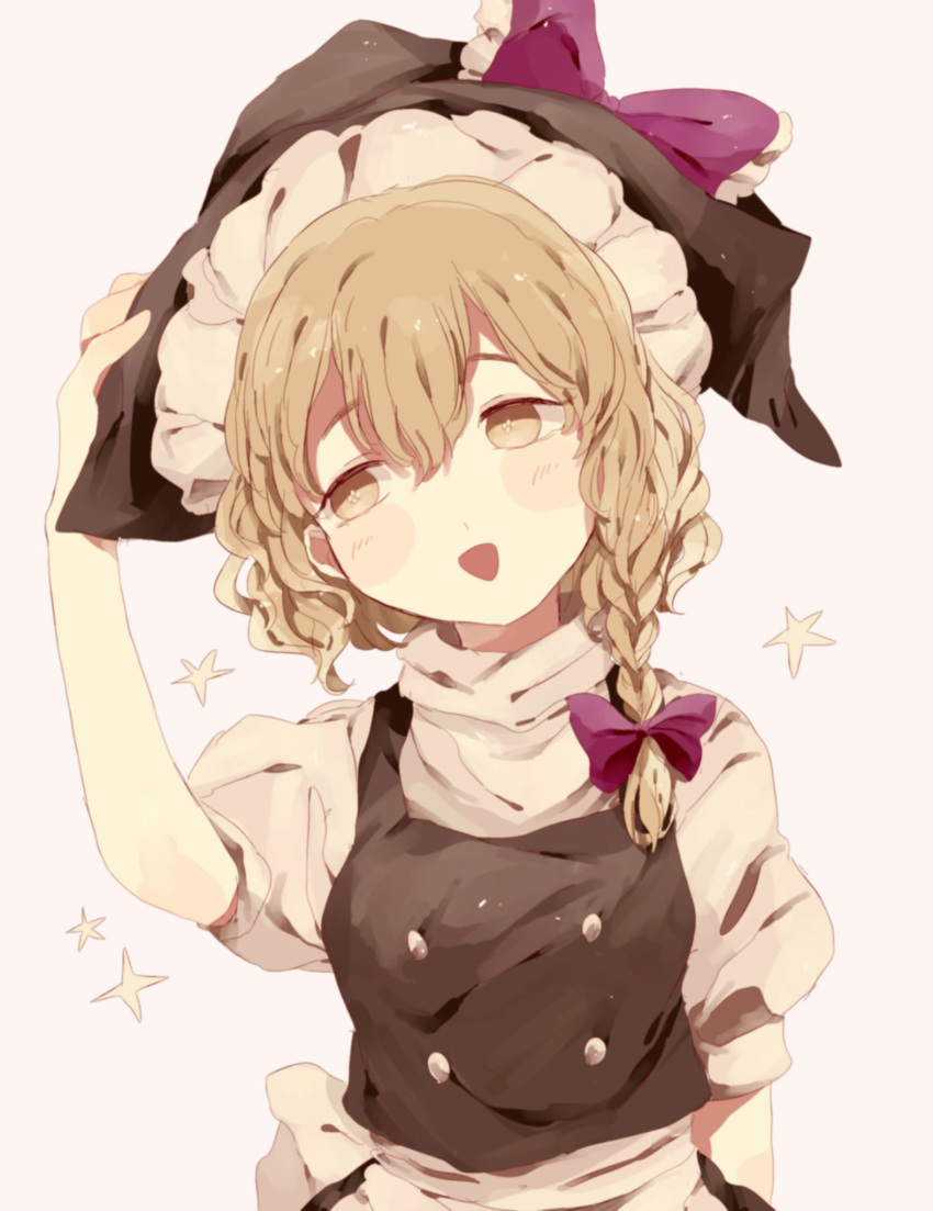 1girl :d apron black_dress blonde_hair blush bow braid dress hand_on_headwear hat highres izari kirisame_marisa looking_to_the_side open_mouth purple_bow short_hair side_braid simple_background single_braid smile solo sparkle touhou upper_body waist_apron white_background witch_hat yellow_eyes