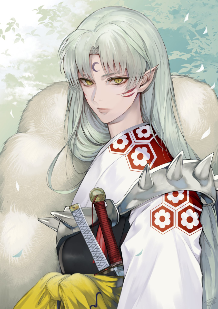 1boy bangs commentary_request crescent facial_mark forehead_mark fur highres inuyasha japanese_clothes kimono long_hair looking_at_viewer makeup male_focus outdoors parted_bangs petals pointy_ears sesshoumaru silver_hair solo spikes sword tcb weapon yellow_eyes