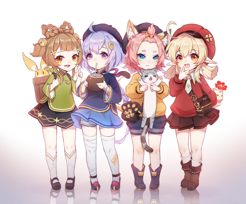 4girls :d ahoge animal animal_ear_fluff animal_ears arm_behind_back bag bandaged_leg bandages bangs bangs_pinned_back bell beret black_footwear black_headwear black_shirt black_skirt blonde_hair blue_eyes blue_shorts blue_skirt boots bow braid brown_bow brown_eyes brown_footwear brown_hair brown_skirt cabbie_hat cat cat_ears cat_girl cat_tail coconut collared_shirt commentary diona_(genshin_impact) drinking_straw english_commentary eyebrows_visible_through_hair flower forehead fruit_cup genshin_impact green_shirt hair_bell hair_between_eyes hair_bow hair_ornament hair_rings hands_up hat highres holding holding_animal jingle_bell kezi klee_(genshin_impact) kneehighs long_hair long_sleeves looking_at_viewer low_twintails multiple_girls ofuda open_mouth pink_hair pleated_skirt pointy_ears puffy_long_sleeves puffy_shorts puffy_sleeves purple_hair qiqi_(genshin_impact) red_flower red_headwear red_sweater reflection shirt shoes short_eyebrows short_shorts shorts shorts_under_skirt shoulder_bag signature single_braid skirt smile socks standing sweater tail thick_eyebrows thigh-highs twintails two_side_up very_long_hair violet_eyes w white_background white_legwear white_shirt white_shorts yaoyao_(genshin_impact) yellow_shirt