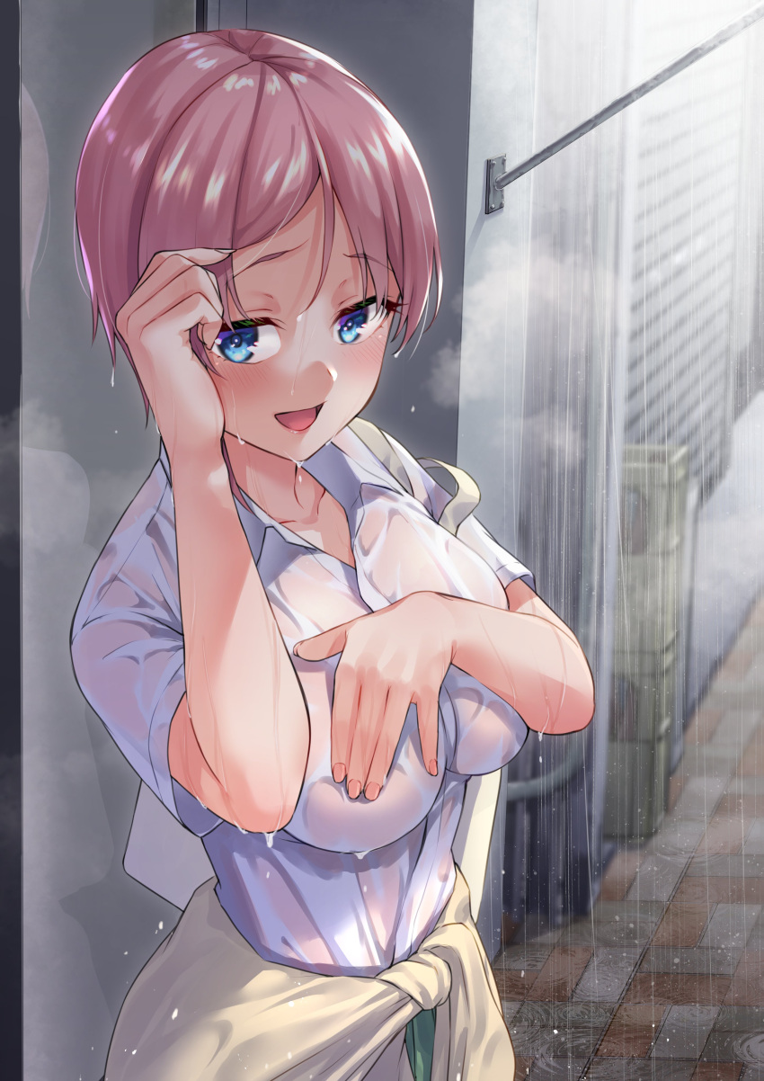 1girl absurdres bag blue_eyes blush breasts clothes_around_waist collarbone collared_shirt covering covering_breasts go-toubun_no_hanayome hair_tucking highres impossible_clothes impossible_shirt kinoe_tsuki large_breasts looking_at_viewer nakano_ichika open_mouth pink_hair rain see-through shiny shiny_hair shirt short_hair short_sleeves shoulder_bag smile solo sweater sweater_around_waist wet wet_clothes wet_shirt white_shirt