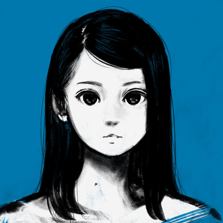 1girl black_eyes black_hair blue_background highres limited_palette long_hair looking_at_viewer original parted_lips portrait shadow simple_background solo yoshi_mi_yoshi
