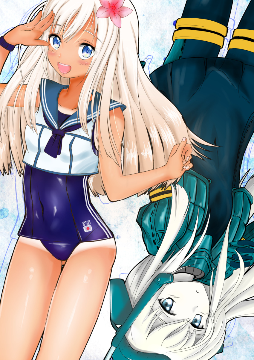 2girls absurdres black_bodysuit black_dress black_neckwear black_sailor_collar blonde_hair blue_eyes blue_swimsuit bodysuit commentary_request cowboy_shot crop_top cropped_jacket dress dual_persona flower garrison_cap hair_flower hair_ornament hat highres kantai_collection long_hair multiple_girls murasame_ryuu neckerchief one-piece_tan open_mouth ro-500_(kancolle) round_teeth sailor_collar salute school_swimsuit shirt sleeveless swimsuit tan tanline teeth u-511_(kancolle) upper_teeth wetsuit white_shirt