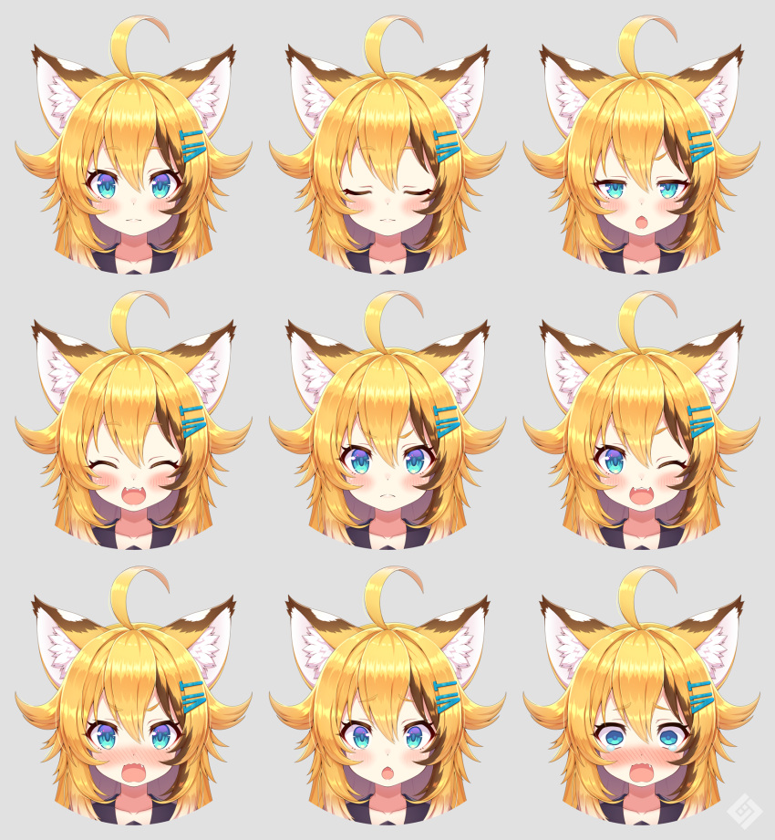 &gt;:( 1girl :d :o ;d ^_^ ahoge angry animal_ear_fluff animal_ears blonde_hair blush brown_hair chestnut_mouth closed_eyes expressionless expressions fang fangs grey_background hair_ornament hairclip happy highres long_hair monochrome_background nose_blush one_eye_closed open_mouth original sad simple_background smile tearing_up tears tiger_ears tsuji v-shaped_eyebrows