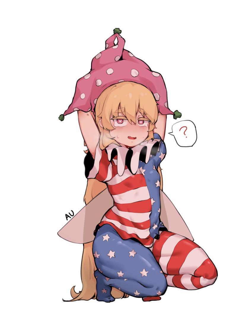1girl ? absurdres american_flag_dress american_flag_legwear arms_behind_head blonde_hair breasts clownpiece doro_au dress fairy_wings full_body hat heart heart-shaped_pupils highres jester_cap long_hair looking_at_viewer neck_ruff pantyhose pink_headwear polka_dot short_sleeves simple_background small_breasts solo spoken_question_mark squatting star_(symbol) star_print striped symbol-shaped_pupils touhou very_long_hair white_background wings