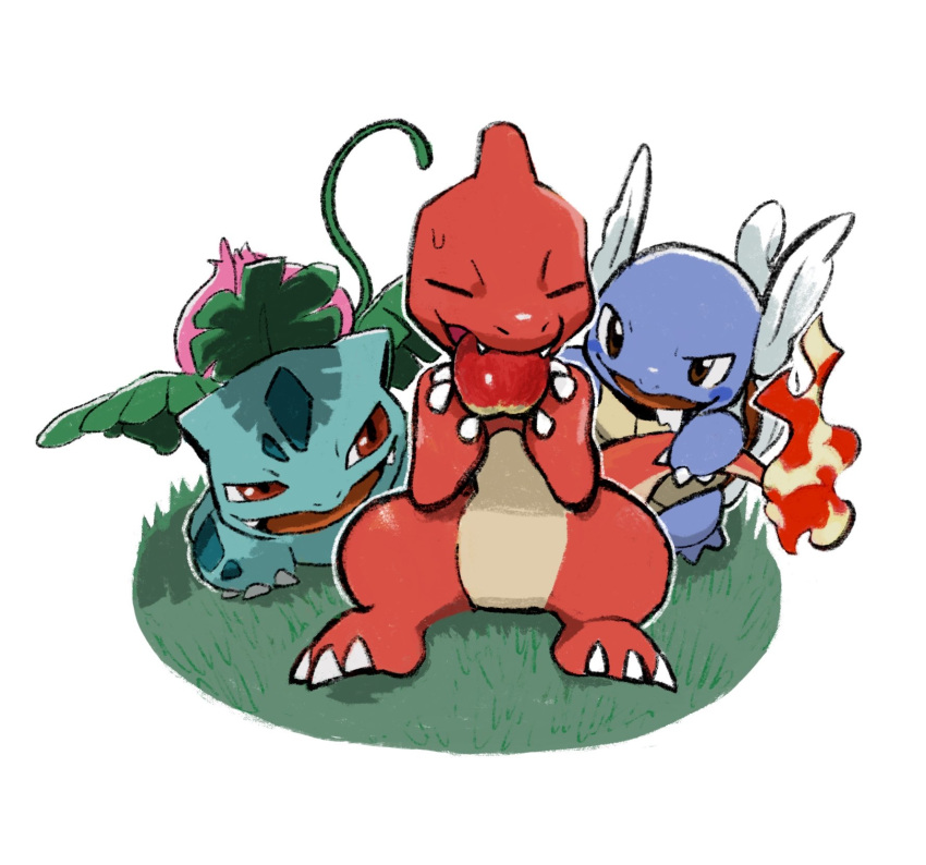 apple brown_eyes charmeleon claws closed_eyes commentary_request fangs fire food fruit gen_1_pokemon grass highres holding holding_food holding_fruit ivysaur kochi8i no_humans open_mouth plant pokemon pokemon_(creature) red_eyes sitting sweatdrop tongue vines wartortle