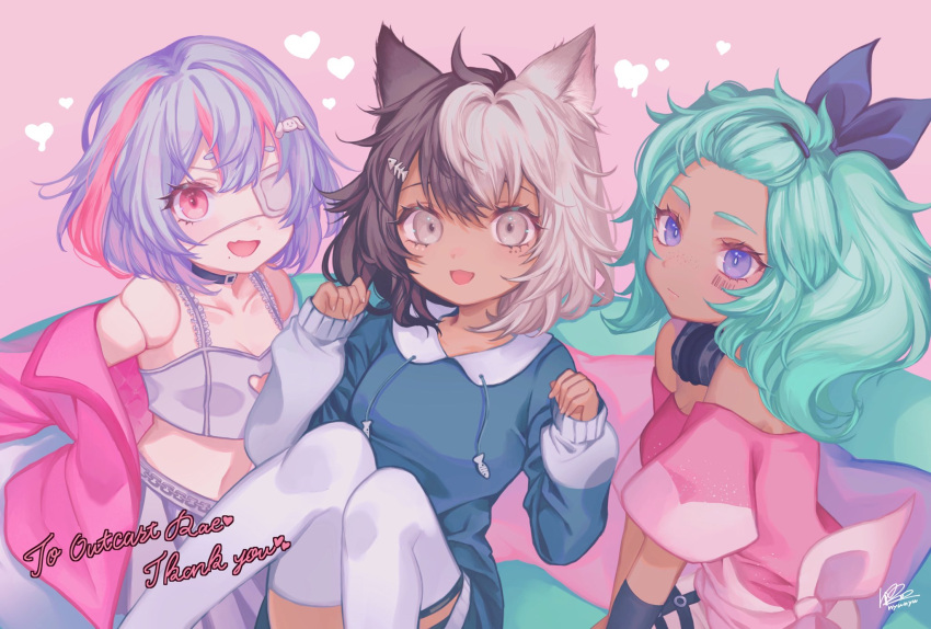 3girls :d animal_ear_fluff animal_ears aqua_hair black_hair blue_eyes cat_ears cat_girl character_request commission dark_skin dress dtpnhm eyepatch hair_ribbon highres indie_virtual_youtuber multicolored_hair multiple_girls open_mouth outcast_rae pink_eyes pink_hair purple_hair ribbon second-party_source shirt short_hair short_sleeves silver_hair skeb_commission smile sweater sweater_dress thigh-highs tied_shirt two-tone_hair white_legwear