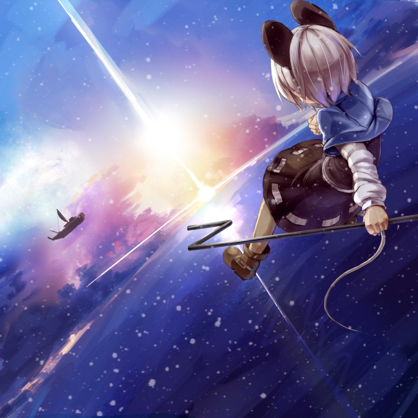 1girl aircraft airship animal_ears blush clouds dowsing_rod flying from_behind greatmosu grey_hair highres mouse_ears mouse_tail nazrin palanquin_ship short_hair skirt snow solo tail touhou
