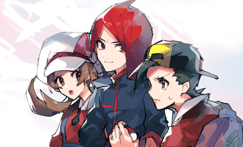 1girl 2boys ahoge annoyed backpack backwards_hat bag black_hair brown_eyes brown_hair cabbie_hat chikichi closed_mouth ethan_(pokemon) hat hat_ribbon high_collar holding holding_poke_ball jacket looking_at_viewer looking_away lyra_(pokemon) medium_hair multiple_boys poke_ball pokemon pokemon_(game) pokemon_hgss red_eyes redhead ribbon short_twintails silver_(pokemon) sketch smirk sweatdrop twintails