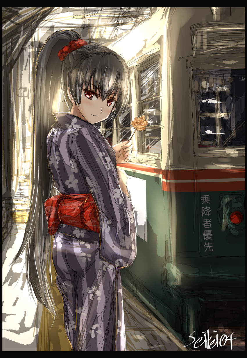 1girl black_hair ground_vehicle hairband highres isokaze_(kancolle) japanese_clothes kantai_collection kimono long_hair looking_at_viewer ponytail red_hairband seitei_(04seitei) smile solo train yukata