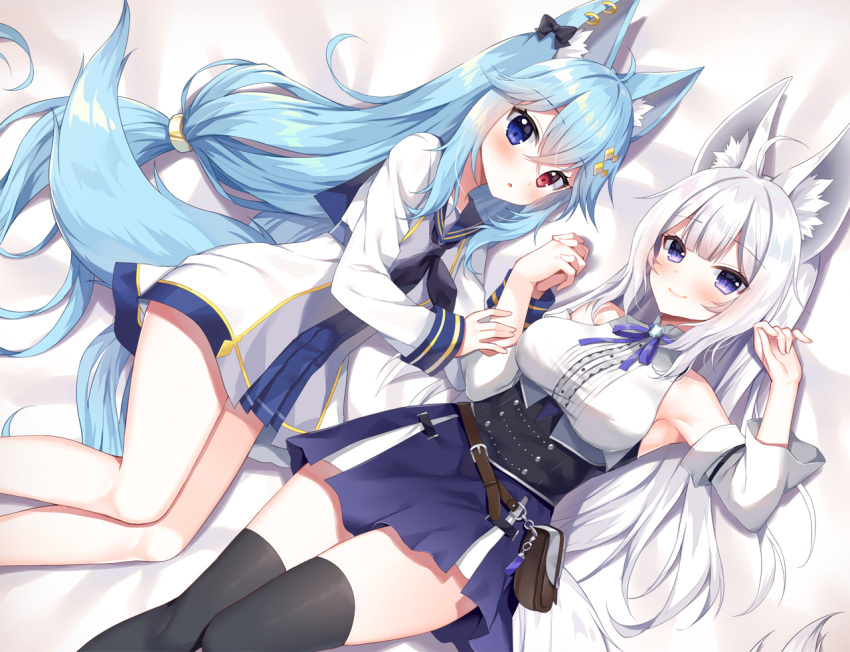 2girls :o animal_ear_fluff animal_ears bangs bed_sheet black_bow black_legwear black_neckwear blue_eyes blue_hair blue_skirt blush bow breasts closed_mouth commentary_request commission detached_sleeves dress ear_bow ear_piercing eyebrows_visible_through_hair feet_out_of_frame hair_between_eyes heterochromia holding_hands interlocked_fingers large_breasts long_hair long_sleeves lying mauve multiple_girls neckerchief on_back on_side parted_lips piercing pixiv_request shirt silver_hair skirt sleeveless sleeveless_shirt smile tail thigh-highs very_long_hair violet_eyes vrchat white_dress white_shirt white_sleeves