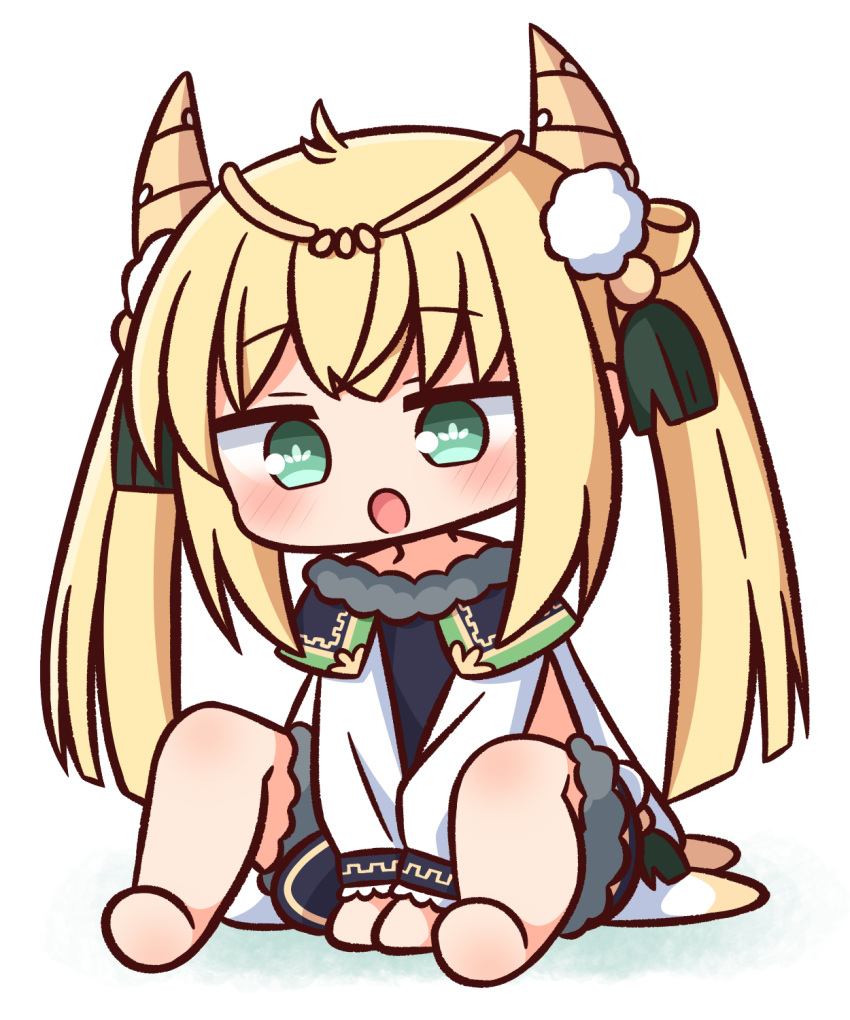 1girl :o bangs barefoot between_legs blonde_hair blush character_request chibi commentary_request eyebrows_visible_through_hair full_body fur_trim green_eyes hana_kazari hand_between_legs highres horns knees_up long_hair looking_at_viewer merc_storia open_mouth shirt sitting solo twintails very_long_hair white_background white_shirt