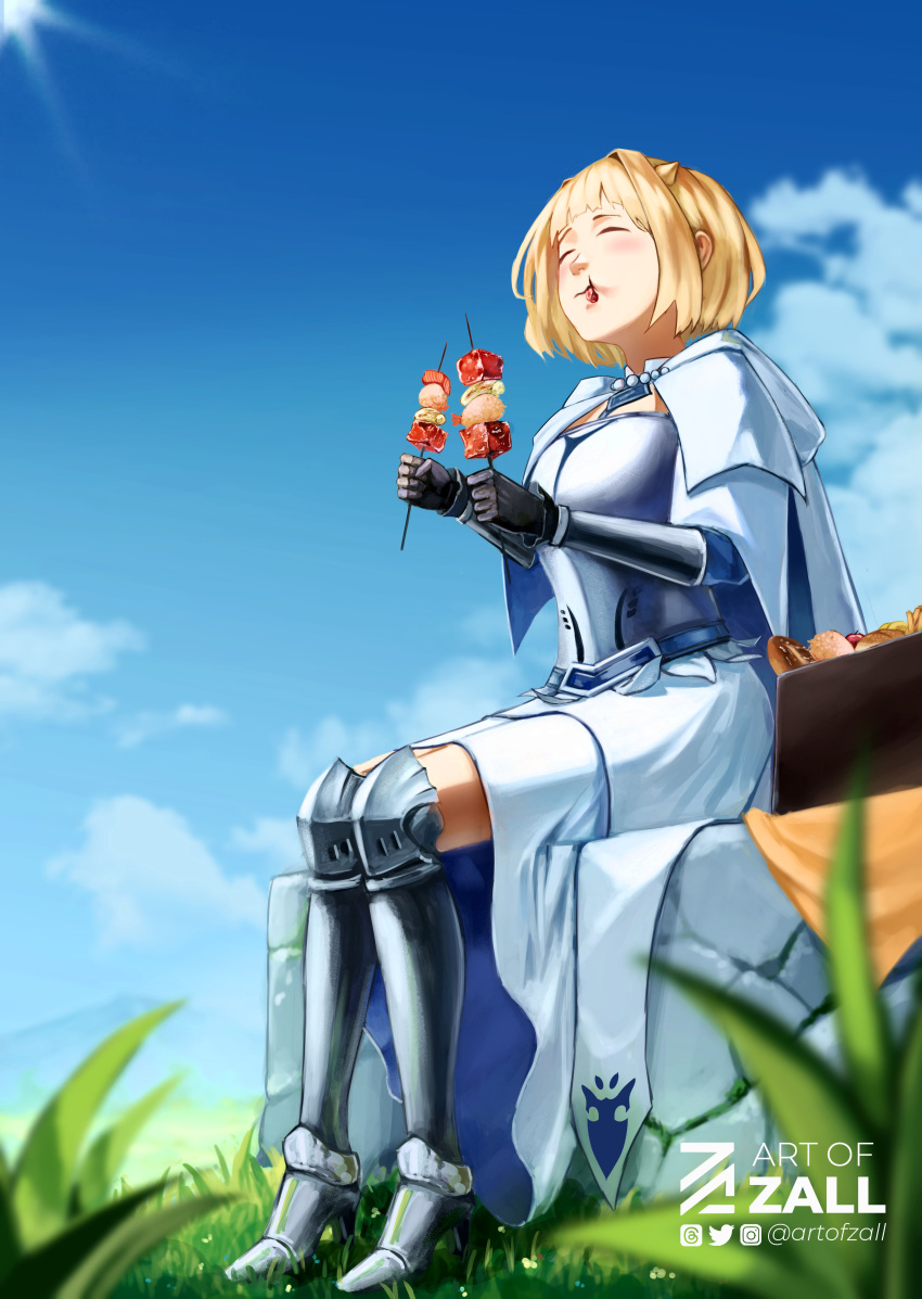 1girl absurdres armor armored_boots artofzall black_gloves blonde_hair blue_sky boots brown_dust_2 chest_armor cloak closed_mouth clouds eating field flat_chest from_below gloves grass greaves high_heels highres holding holding_skewer jewelry justia_(brown_dust) necklace picnic_basket short_hair signature sitting skewer sky small_horns solo sun towel vambraces white_cloak