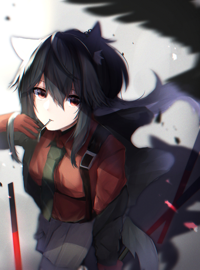 1girl absurdres animal_ears arknights black_hair black_jacket commentary ear_piercing gloves glowing glowing_sword glowing_weapon green_neckwear grey_shorts hair_between_eyes hand_up highres huge_filesize jacket looking_at_viewer mochi194745 mouth_hold necktie off_shoulder official_alternate_costume open_clothes open_jacket piercing planted_sword planted_weapon red_eyes red_gloves red_shirt shirt shorts solo sword tail texas_(arknights) texas_(willpower)_(arknights) weapon wolf_ears wolf_girl wolf_tail