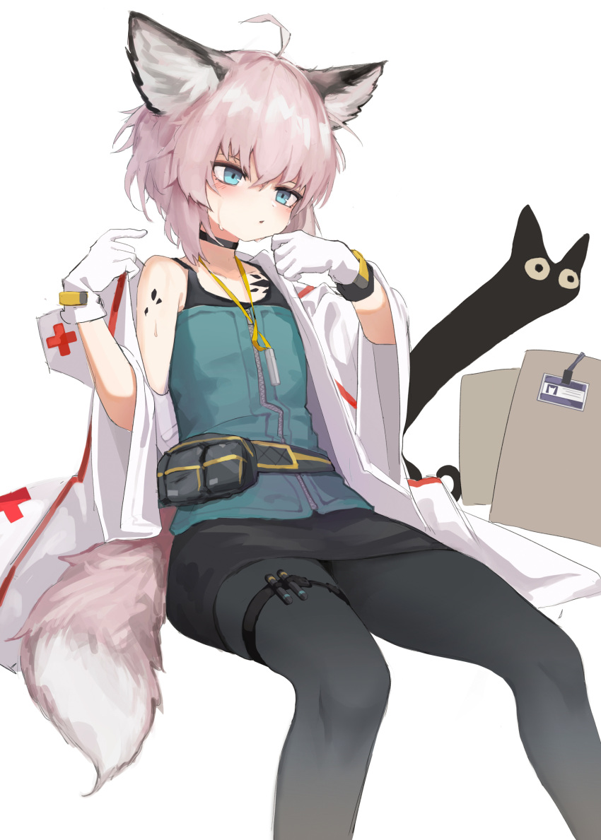 1girl absurdres ahoge animal_ears arknights bare_shoulders belt black_legwear blue_eyes blush choker flat_chest gloves highres labcoat oripathy_lesion_(arknights) parted_lips pencil_skirt pink_hair pouch short_hair simple_background sitting skirt solo sussurro_(arknights) tail timitarcat white_background white_gloves