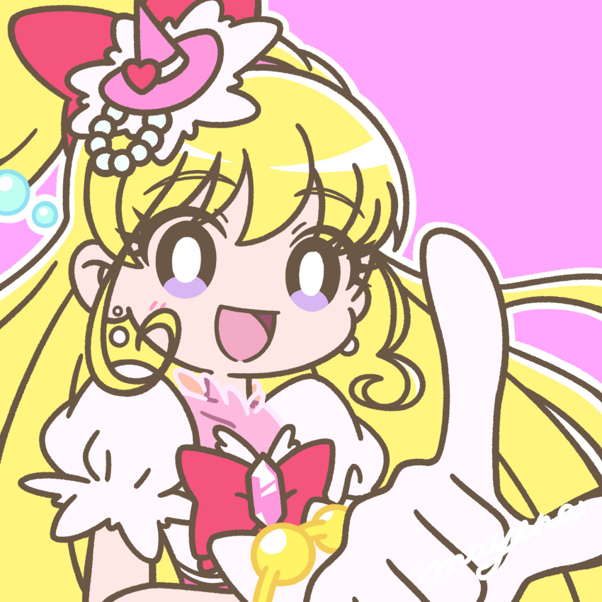 1girl asahina_mirai blonde_hair bow bracelet bright_pupils cure_miracle earrings gloves hair_bow hat highres index_finger_raised jewelry long_hair looking_at_viewer magical_girl mahou_girls_precure! mayena mini_hat mini_witch_hat open_mouth outline pink_background pink_headwear precure red_bow see-through simple_background smile solo upper_body violet_eyes white_gloves white_outline white_pupils witch_hat
