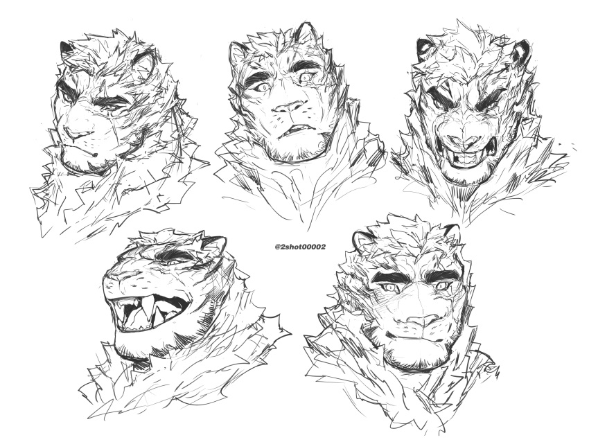 1boy absurdres angry animal_ears arknights collage cropped_shoulders expressions fangs frown furry greyscale highres laughing looking_at_viewer male_focus monochrome mountain_(arknights) scar scar_across_eye sharp_teeth short_hair sigppang_(2shot00002) smile teeth thick_eyebrows tiger_boy tiger_ears white_fur white_hair