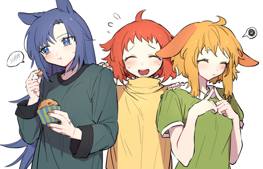 3girls :t ahoge animal_ears arknights beagle_(arknights) blonde_hair blue_eyes blue_hair blush closed_eyes commentary cross_neko cupcake dog_ears eating fang_(arknights) fingers_together flying_sweatdrops food green_shirt hand_on_another's_shoulder holding horse_ears kroos_(arknights) long_hair multiple_girls nervous_smile open_mouth rabbit_ears red_nails shirt short_hair simple_background spoken_blush spoken_squiggle squiggle upper_body white_background yellow_shirt