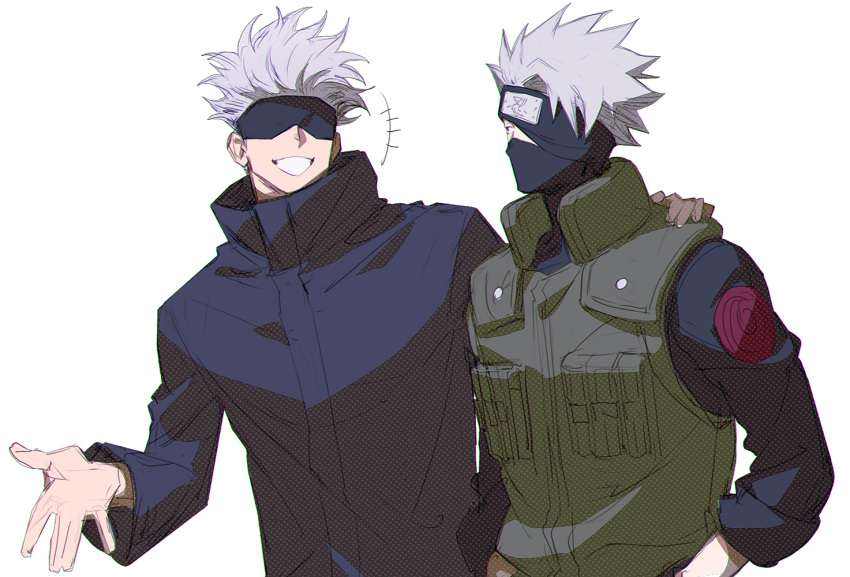 2boys black_blindfold black_headband black_jacket blindfold covered_eyes crossover flak_jacket forehead_protector gojou_satoru hand_on_another's_shoulder hatake_kakashi headband high_collar jacket jujutsu_kaisen long_sleeves looking_at_another male_focus mask multiple_boys naruto naruto_(series) one_eye_covered open_mouth short_hair simple_background sketch smile spiky_hair upper_body white_background white_hair yarr