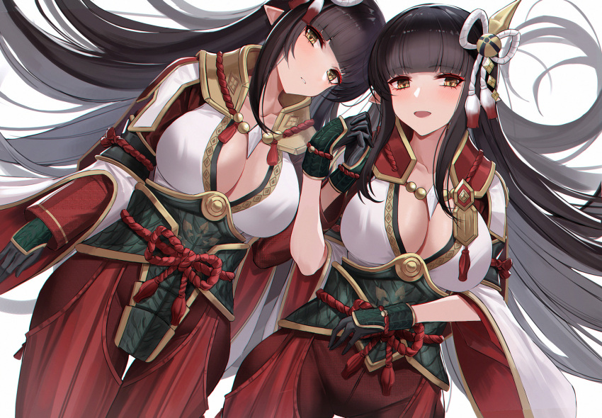 2girls bangs black_gloves black_hair blunt_bangs blush breasts collarbone cowboy_shot eternity_(shadeh) eyebrows_visible_through_hair gloves hair_ornament hakama highres hinoa holding_hands japanese_clothes large_breasts long_hair long_sleeves looking_at_viewer minoto monster_hunter_(series) monster_hunter_rise multiple_girls parted_lips pointy_ears simple_background white_background yellow_eyes