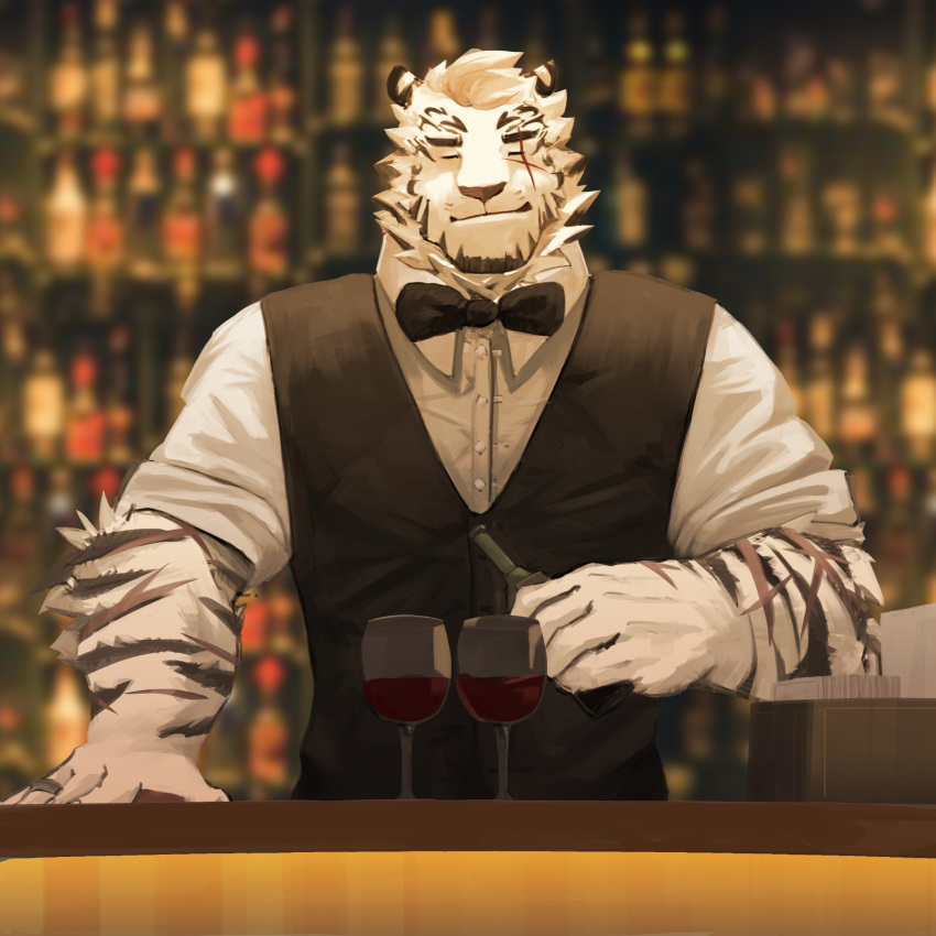 1boy absurdres alternate_costume animal_ears arknights bar bartender black_tank_top black_vest bow bowtie chain_necklace cup drinking_glass formal furry highres male_focus mountain_(arknights) niwan pants scar scar_across_eye shirt short_hair sleeves_rolled_up smile solo tank_top tiger_boy tiger_ears upper_body vest white_fur white_hair white_pants white_shirt wine_glass