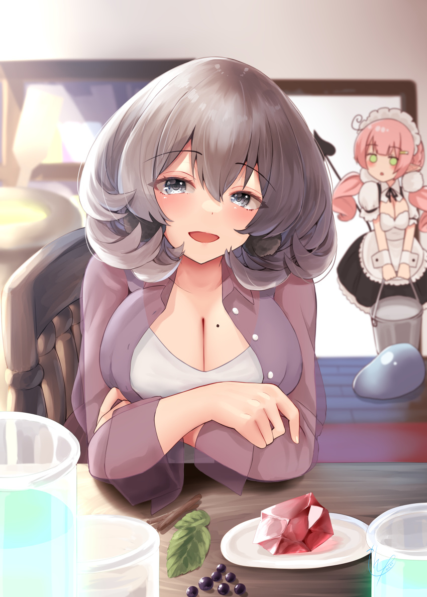 2girls absurdres breasts bucket bucket_of_water demon_girl demon_tail grey_eyes grey_hair highres holding holding_bucket indoors large_breasts long_hair looking_at_viewer maid medium_hair mole mole_on_breast multiple_girls narushima_kanna original pink_hair sitting solo_focus tail