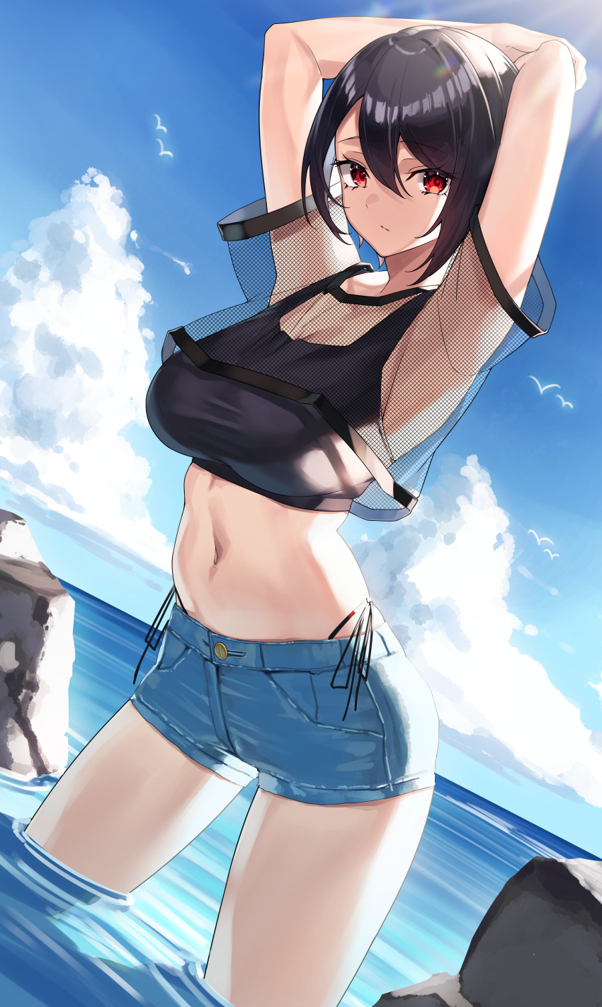 1girl absurdres armpits arms_behind_head arms_up bird black_hair black_shirt blue_shorts blue_sky closed_mouth clouds crop_top crop_top_overhang denim denim_shorts dutch_angle eyebrows_visible_through_hair hair_between_eyes highres huge_filesize in_water midriff navel original outdoors red_eyes rock seagull see-through shallow_water sheer_clothes shirt short_hair short_shorts short_sleeves shorts sky sleeveless sleeveless_shirt solo stomach thighs undershirt wading water yamanokami_eaka