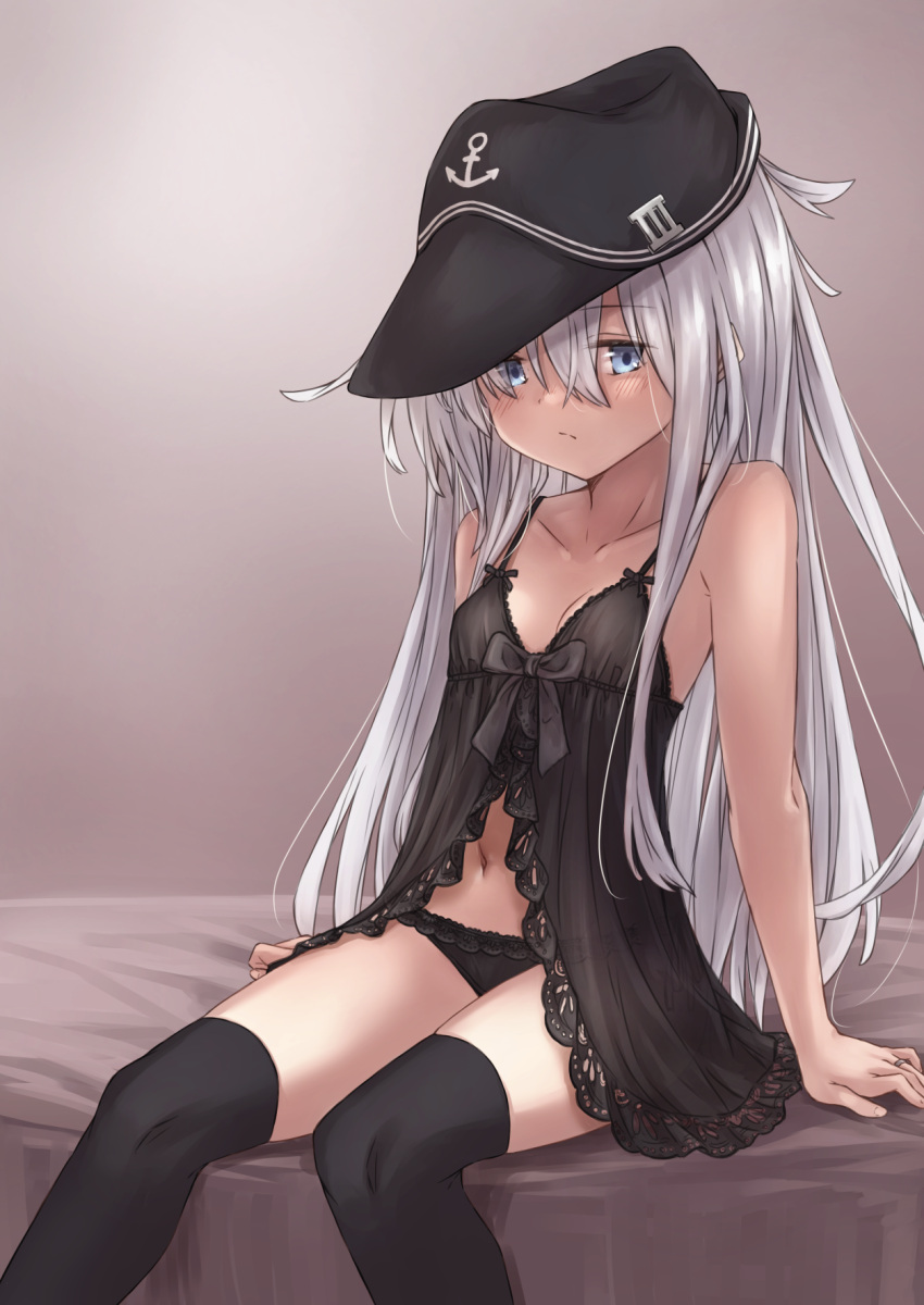 1girl arm_support babydoll bare_arms bare_shoulders black_headwear black_legwear black_panties blue_eyes blush breasts collarbone commentary_request flat_cap hair_between_eyes hat hibiki_(kancolle) highres kantai_collection kuuru_(kuuru-n) lace lace-trimmed_panties lace_trim lingerie long_hair looking_at_viewer navel panties silver_hair sitting small_breasts solo thigh-highs underwear