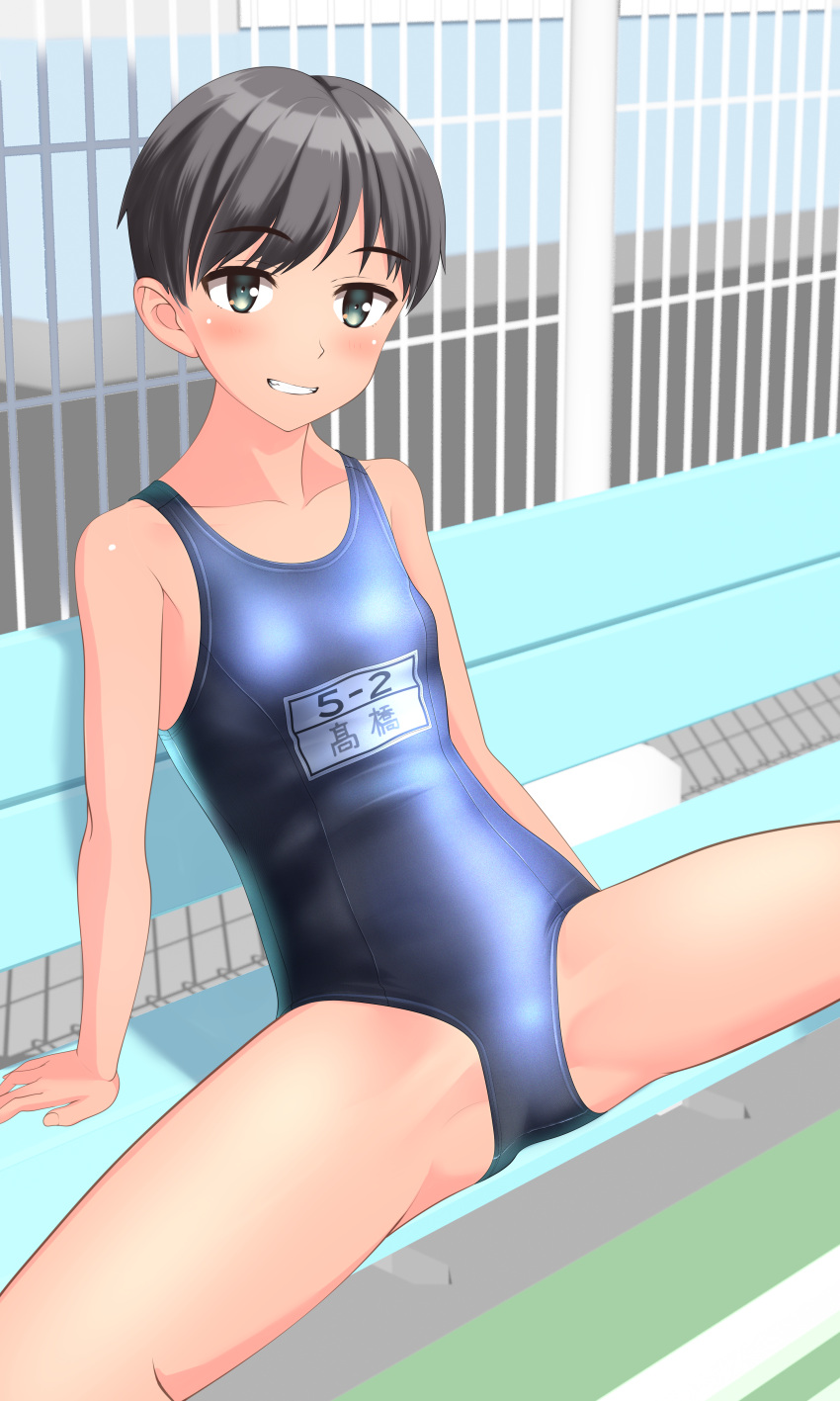 1girl absurdres black_hair blue_swimsuit breasts brown_eyes commentary_request cowboy_shot fence grin highres huge_filesize looking_at_viewer name_tag new_school_swimsuit original school_swimsuit short_hair sitting small_breasts smile solo spread_legs swimsuit takafumi tan white_headwear