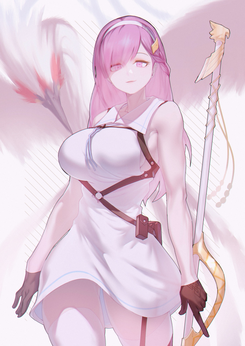 1girl absurdres belt belt_pouch bird breasts chest_harness dress garter_straps gloves hairband harness highres holding holding_staff jin_rou large_breasts long_hair looking_at_viewer novel_illustration official_art original pink_eyes pink_hair pouch sleeveless sleeveless_dress smug staff standing thigh-highs thighs white_legwear