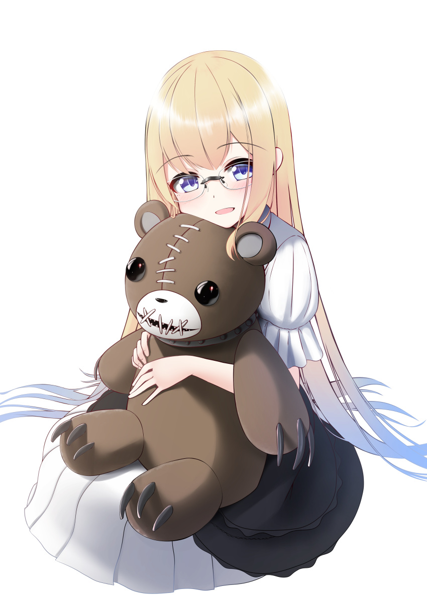 1girl :d absurdres bangs blonde_hair blue_eyes blush character_request claws dress eyebrows_visible_through_hair full_body glasses highres indie_virtual_youtuber long_hair looking_at_viewer nekobaka object_hug open_mouth puffy_short_sleeves puffy_sleeves sharp_teeth short_sleeves simple_background smile solo stitched_mouth stitches stuffed_animal stuffed_toy teddy_bear teeth very_long_hair virtual_youtuber white_background white_dress