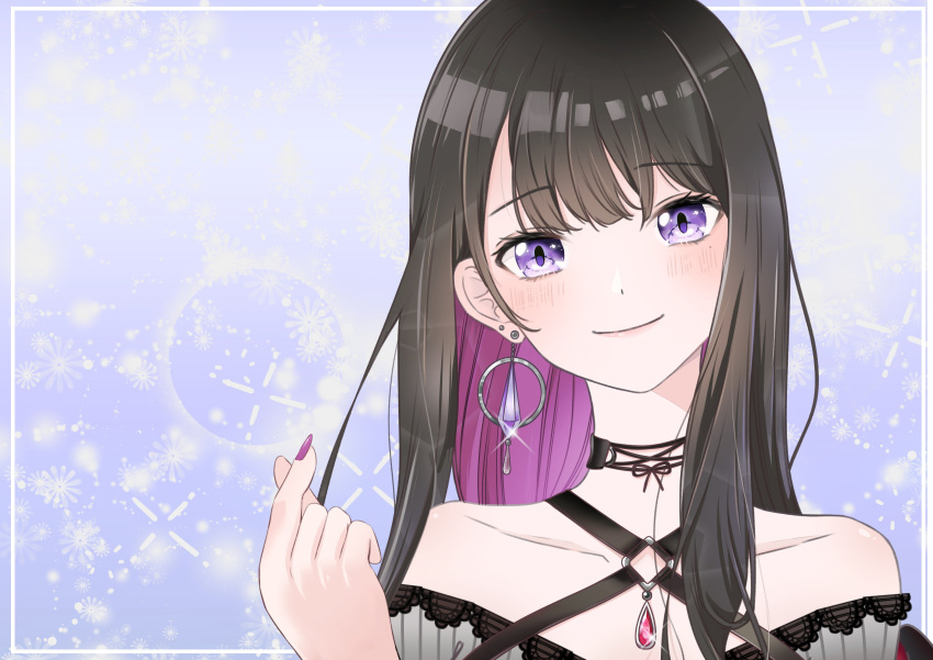 1girl absurdres artist_request belted_skirt black_hair highres jewelry koinoya_mai kosuge_katsuki long_hair looking_at_viewer mole mole_under_eye multicolored_hair propro_production smile two-tone_hair violet_eyes virtual_youtuber