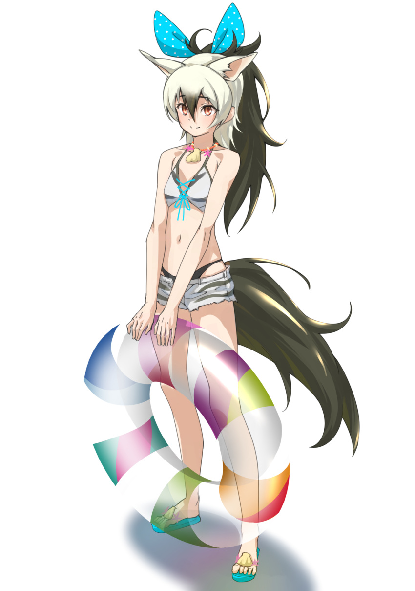 aardwolf_(kemono_friends) aardwolf_ears aardwolf_print aardwolf_tail absurdres animal_ears animal_print bare_arms bare_legs bare_shoulders bikini bikini_under_clothes black_hair bow closed_mouth collarbone cutoffs extra_ears full_body grey_hair hair_between_eyes hair_bow high_ponytail highres holding holding_innertube innertube jewelry kemono_friends long_hair looking_at_viewer multicolored multicolored_eyes multicolored_hair navel necklace official_alternate_costume open_clothes open_fly open_shorts print_bikini print_shorts print_swimsuit red_eyes sandals shell shell_necklace short_shorts shorts sidelocks simple_background smile standing stomach swimsuit tail tanabe_(fueisei) toes transparent two-tone_hair v_arms white_background yellow_eyes