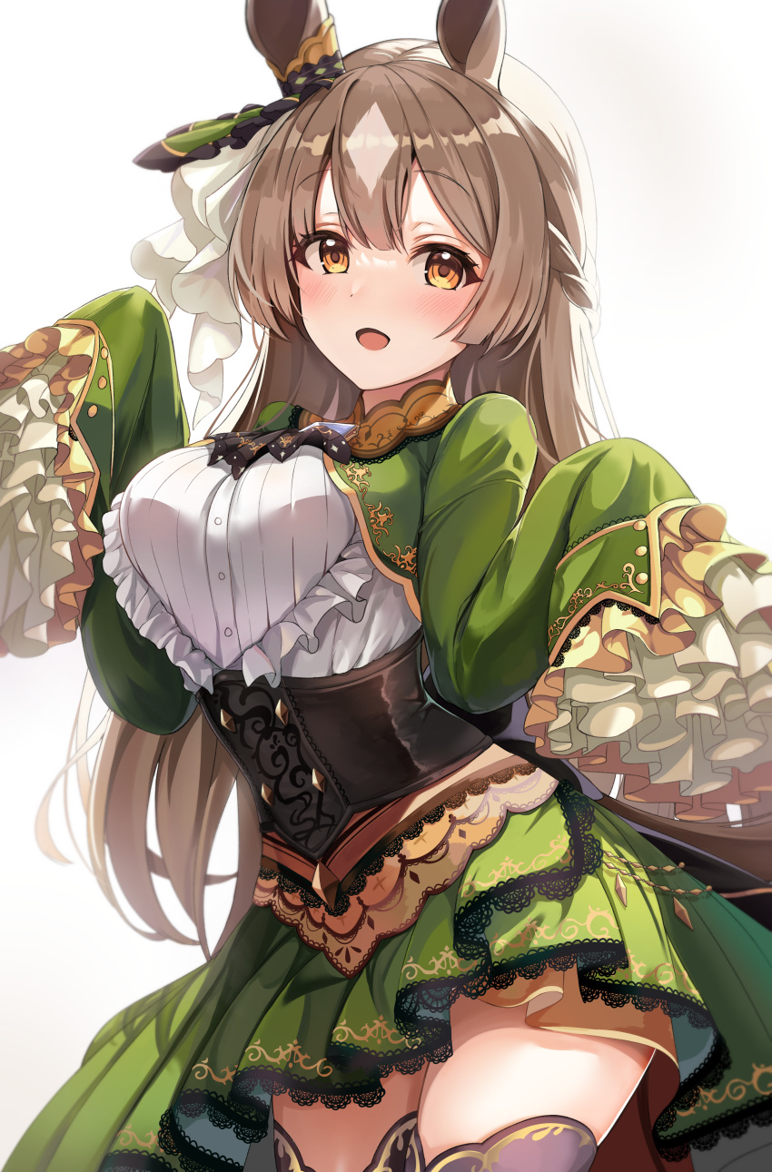 1girl absurdres animal_ears bangs blush breasts brown_eyes brown_hair corset cowboy_shot dress eyebrows_visible_through_hair frilled_sleeves frills green_dress highres horse_ears horse_girl j_young large_breasts long_hair long_sleeves looking_at_viewer open_mouth satono_diamond shirt sleeves_past_fingers sleeves_past_wrists solo standing thigh-highs umamusume very_long_hair white_shirt
