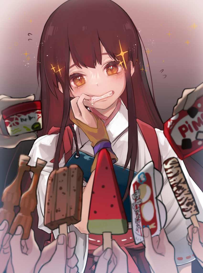 1girl 6+others akagi_(kancolle) bangs brown_eyes brown_gloves brown_hair commentary_request flying_sweatdrops food gloves grin haagen-dazs highres ice_cream_cup japanese_clothes kantai_collection long_hair multiple_others muneate partially_fingerless_gloves popsicle ruohire9 single_glove smile solo_focus sparkle straight_hair tasuki upper_body watermelon_bar yugake