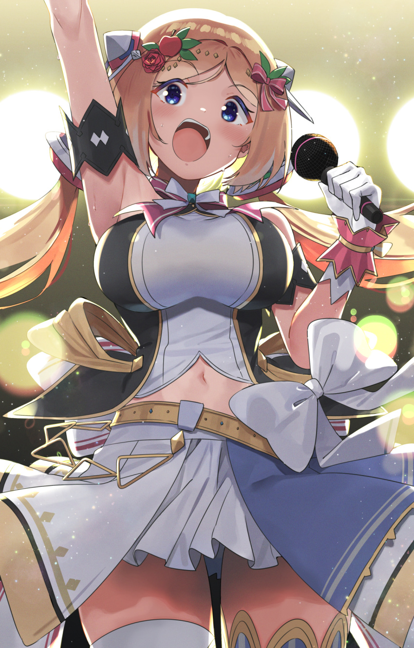 1girl aki_rosenthal armlet armpits arms_up bangs belt blonde_hair blue_eyes bow bow_skirt breasts cowboy_shot detached_hair electriccross flower gloves hair_flower hair_ornament halter_top halterneck headgear highres holding holding_microphone hololive hololive_idol_uniform idol large_breasts layered_skirt long_hair looking_at_viewer low_twintails microphone miniskirt navel official_alternate_costume parted_bangs skirt sleeveless solo thigh-highs twintails upper_teeth virtual_youtuber white_bow white_gloves white_skirt wrist_cuffs