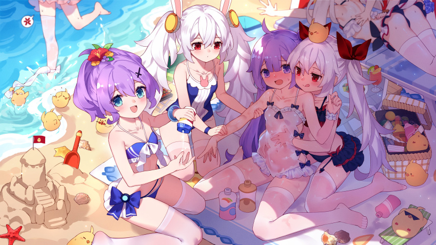 6+girls :d :q anger_vein animal_ears animal_on_head azur_lane bangs bare_shoulders basket beach bikini bird bird_on_head blue_bikini blue_eyes blue_swimsuit book breasts chick collarbone commentary_request from_above hair_ribbon hand_on_another's_stomach highres holding holding_another's_arm holding_book javelin_(azur_lane) laffey_(azur_lane) long_hair looking_at_another looking_at_viewer lotion_bottle manjuu_(azur_lane) multiple_girls no_shoes on_head one-piece_swimsuit open_mouth out_of_frame purple_hair rabbit_ears red_eyes ribbon sand_castle sand_sculpture sitting small_breasts smile spoken_anger_vein starfish swimsuit thigh-highs tongue tongue_out tsubasa_tsubasa twintails unicorn_(azur_lane) vampire_(azur_lane) very_long_hair violet_eyes water white_hair white_legwear white_swimsuit yuri