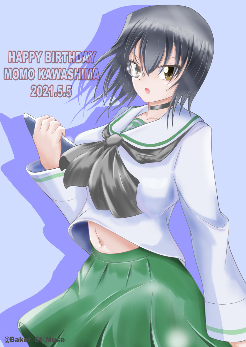 1girl absurdres baker_st_muse bangs black_choker black_eyes black_hair black_neckwear blouse blue_background bob_cut brown_eyes character_name choker clipboard commentary_request cowboy_shot dated english_text eyebrows_visible_through_hair frown girls_und_panzer green_skirt grey-framed_eyewear happy_birthday highres holding holding_clipboard kawashima_momo long_sleeves looking_at_viewer miniskirt monocle navel neckerchief ooarai_school_uniform open_mouth partial_commentary pleated_skirt sailor_collar school_uniform semi-rimless_eyewear serafuku shadow short_hair skirt solo standing twitter_username under-rim_eyewear v-shaped_eyebrows white_blouse white_sailor_collar wind wind_lift