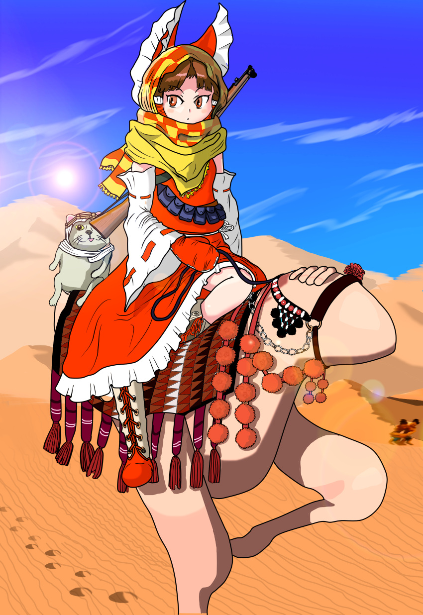 1girl 2girls absurdres bangs benikurage_(cookie) boots bow brown_eyes brown_hair cat checkered checkered_scarf closed_mouth commentary_request cookie_(touhou) creature cross-laced_footwear day desert detached_sleeves eyebrows_visible_through_hair frilled_bow frilled_skirt frills full_body gloves gun hair_bow hakurei_reimu highres lens_flare looking_to_the_side manatsu_no_yo_no_inmu mittens miura_cat miura_meat multiple_girls orange_scarf outdoors pai_kebon_baa parted_bangs pouch red_bow red_footwear red_gloves red_shirt red_skirt reins ribbon-trimmed_sleeves ribbon_trim riding rifle saddle sand scarf shirt skirt skirt_set touhou weapon white_sleeves yajuu_senpai yellow_scarf