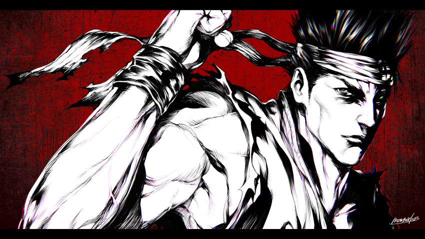 1boy absurdres airon_(ironboy1203) clenched_hand commentary_request dougi elbowing headband high_contrast highres male_focus monochrome muscular muscular_male nose portrait red_background short_hair signature sleeveless solo spiky_hair virtua_fighter yuki_akira