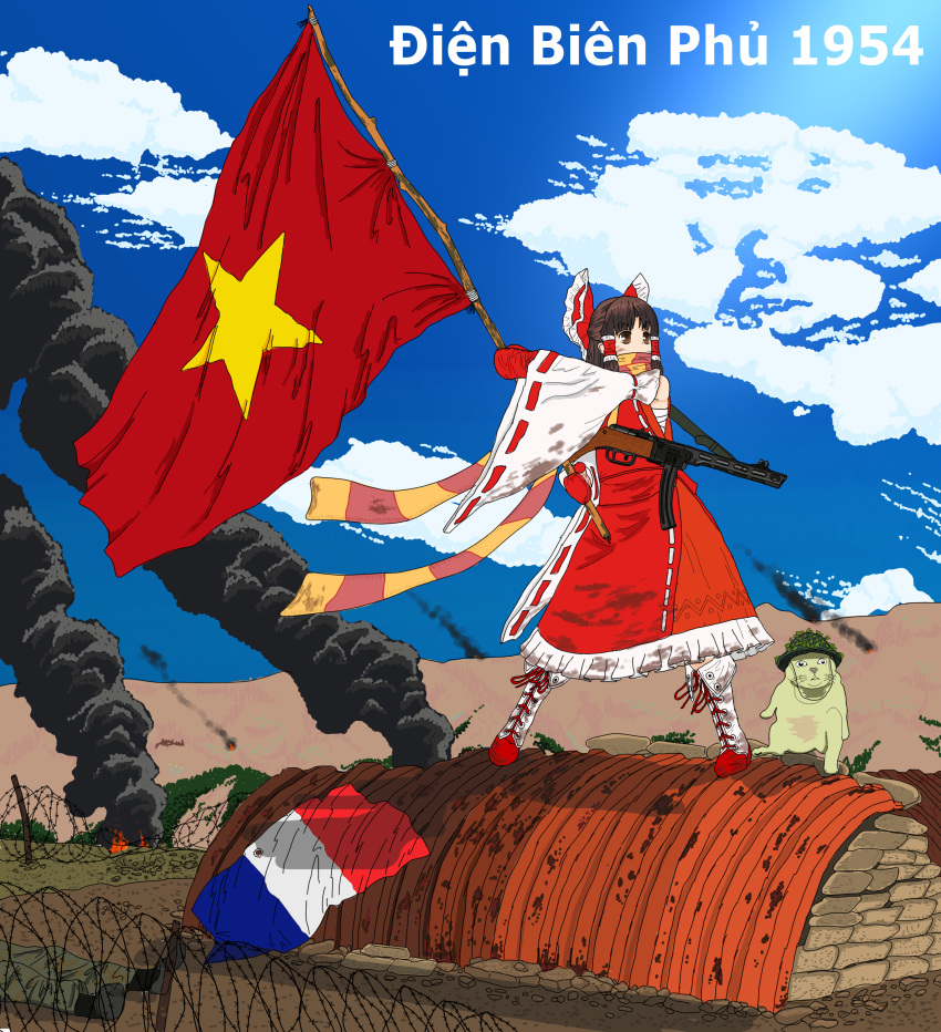 1954 1girl absurdres bangs barbed_wire battle_of_dien_bien_phu benikurage_(cookie) black_legwear blue_sky boots bow brown_eyes brown_hair bunker cat clouds commentary_request cookie_(touhou) cross-laced_footwear day detached_sleeves eyebrows_visible_through_hair fire first_indochina_war french_flag frilled_bow frilled_hair_tubes frills full_body gloves green_pants gun hair_bow hair_tubes hakurei_reimu helmet highres manatsu_no_yo_no_inmu medium_hair mittens miura_cat orange_scarf pai_kebon_baa pants parted_bangs photo-referenced ppsh-41 red_bow red_gloves red_shirt red_skirt ribbon-trimmed_sleeves ribbon_trim sarashi scarf shirt skirt sky sleeveless sleeveless_shirt smoke socks standing star_(symbol) striped striped_scarf submachine_gun touhou vietnamese_flag waving_flag weapon white_footwear white_sleeves yellow_scarf
