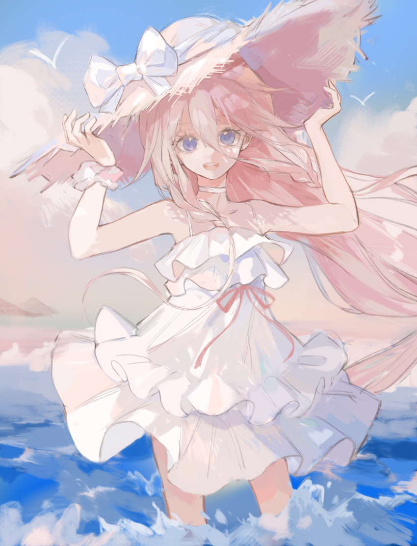 1girl absurdres bare_arms bird blue_eyes blue_sky braid choker clouds cloudy_sky collarbone dappled_sunlight day dress eyebrows_visible_through_hair eyelashes flat_chest floating_hair foam hair_between_eyes hand_on_headwear hands_up happy hat highres ia_(vocaloid) layered_dress lili_(lili_mioriririi) long_hair looking_at_viewer muted_color open_mouth outdoors pale_color pink_ribbon platinum_blonde_hair ribbon round_teeth scrunchie shade short_dress sky solo spaghetti_strap straw_hat sun_hat sundress sunlight tareme teeth thighs upper_teeth very_long_hair vocaloid water waves waving white_choker white_dress white_ribbon white_scrunchie