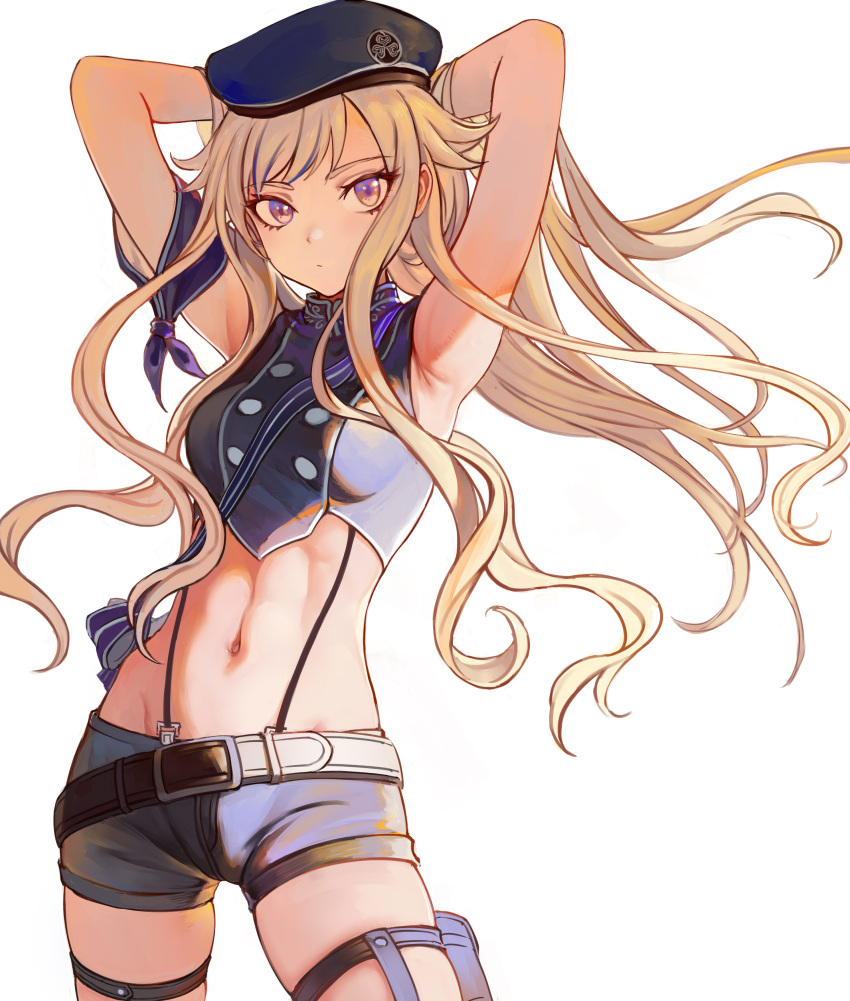 1girl absurdres armband armpits arms_behind_head arms_up belt belt_buckle beret black_headwear black_shorts blonde_hair blush buckle closed_mouth cowboy_shot crop_top hat highres himehina_channel long_hair looking_at_viewer navel short_shorts shorts simple_background skindentation sleeveless solo stomach suzuki_hina thigh_strap toned very_long_hair violet_eyes virtual_youtuber white_background z.boat