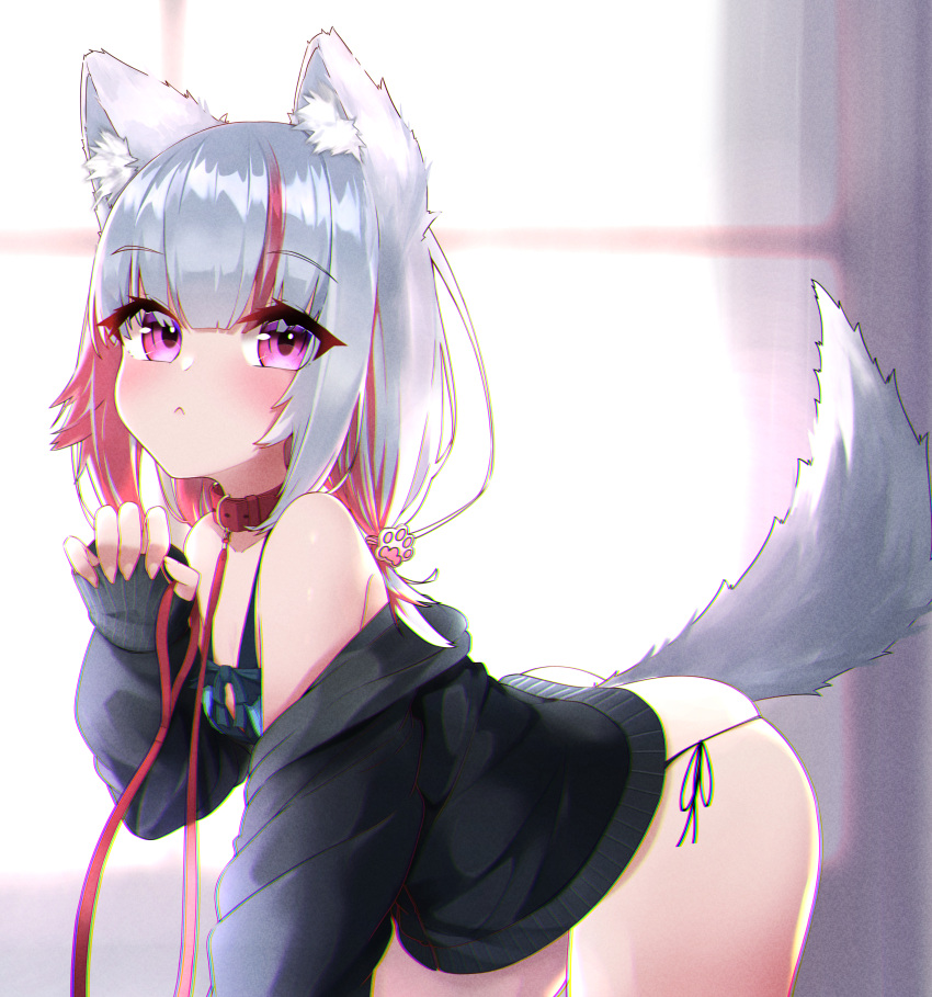1girl absurdres animal_ear_fluff animal_ears ass bangs bare_shoulders blush closed_mouth collar commentary_request eto_(eto96-1114) hand_up highres huge_filesize long_sleeves looking_at_viewer multicolored_hair off_shoulder original redhead silver_hair skindentation solo streaked_hair tail underwear violet_eyes