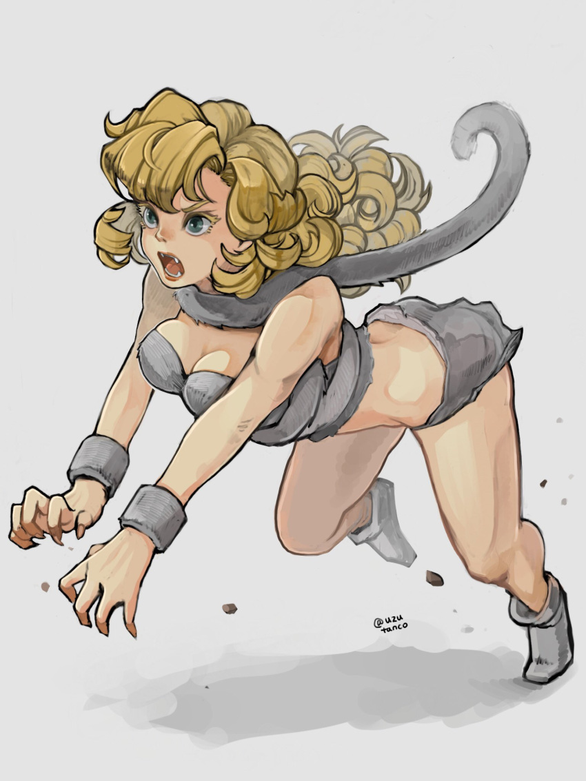 1girl all_fours angry ayla_(chrono_trigger) blonde_hair caveman chrono_trigger claws curly_hair fangs full_body fur_scarf green_eyes highres long_hair open_mouth scarf simple_background solo uzutanco white_background