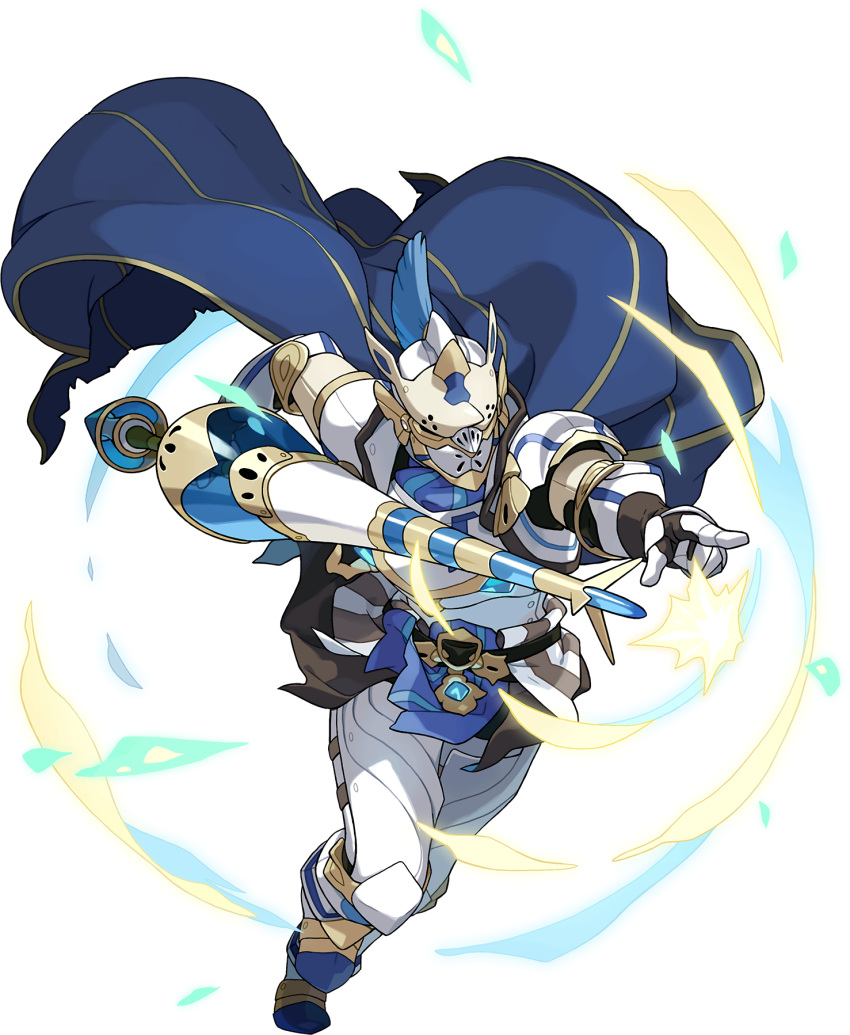 1boy armor armored_boots arms_up artist_request aura belt blue_cape boots breastplate cape crystal full_armor full_body gauntlets helmet highres holding holding_polearm holding_weapon jelal_(world_flipper) knight lance leg_up male_focus non-web_source official_art outstretched_arm plume pointing polearm running sapphire_(gemstone) shiny shoulder_armor solo spiked_helmet spikes torn_cape torn_clothes transparent transparent_background weapon white_armor white_footwear world_flipper