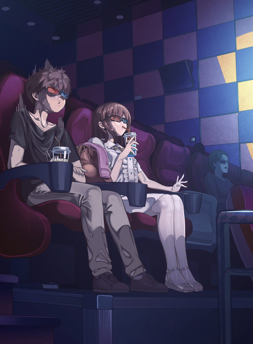 1girl 2boys 3d_glasses absurdres bangs black_shirt ceiling checkered_wall chinese_commentary collarbone commentary_request drinking drinking_straw eyebrows_visible_through_hair highres holding indoors movie_theater multiple_boys original shirt sitting thigh-highs white_legwear yewang19