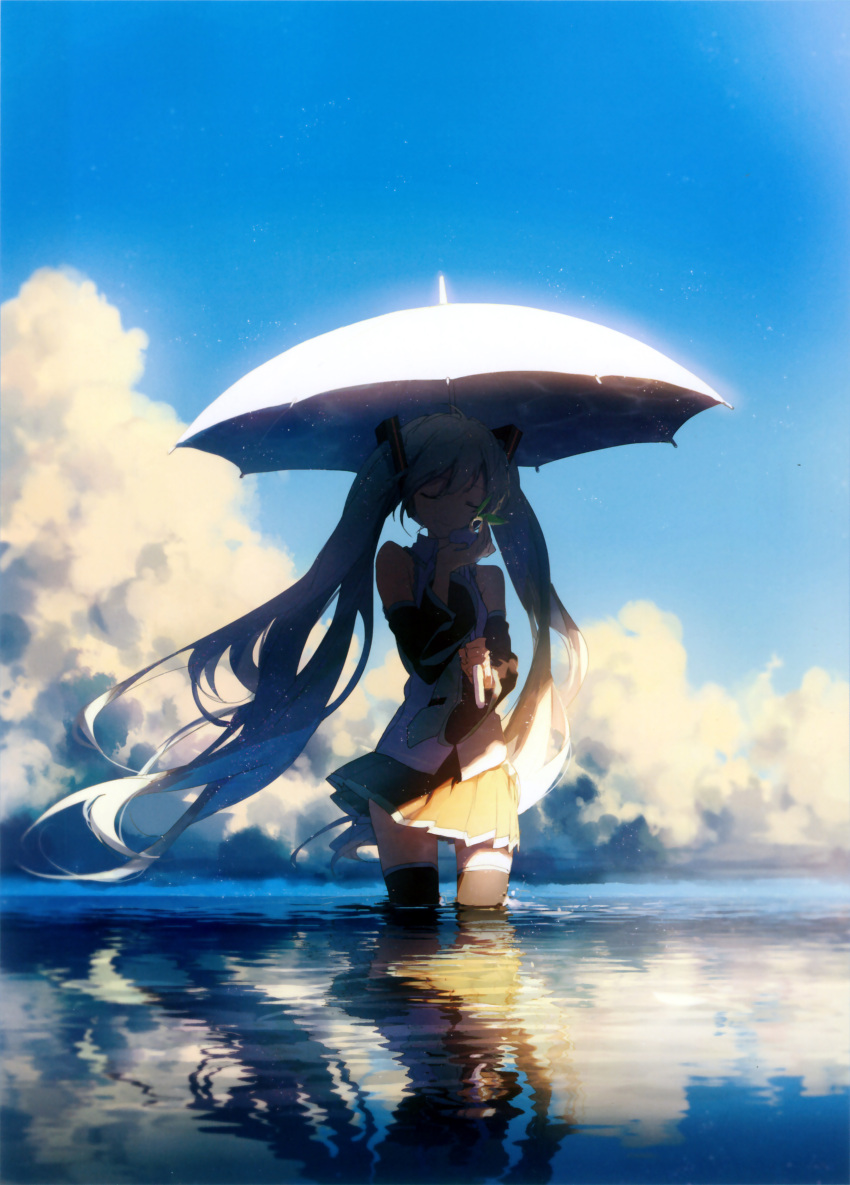 1girl absurdres armpit_crease bare_shoulders black_legwear black_skirt blue_hair blue_sky caustics closed_eyes closed_mouth clothes_lift clouds cloudy_sky day detached_sleeves evening facing_viewer floating_hair food hair_between_eyes hand_up happy hatsune_miku highres holding holding_food holding_umbrella horizon legs_apart light_particles light_smile long_hair necktie outdoors pleated_skirt radish reflection reflective_water rella ripples shade shirt sidelighting skirt skirt_lift sky sleeveless sleeveless_shirt solo standing sunlight thigh-highs tie_clip twintails umbrella very_long_hair vocaloid wading water water_surface wind wind_lift zettai_ryouiki